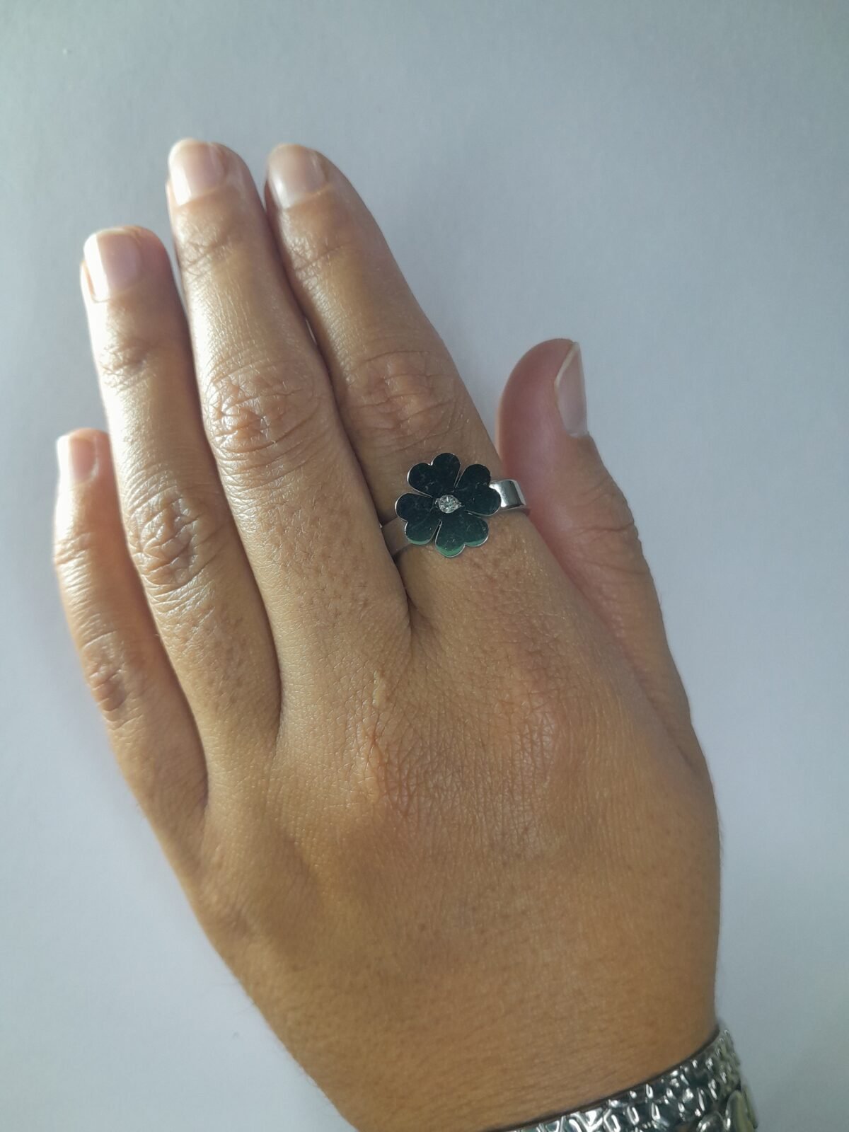 Anillo Trebol con Strass Blanco