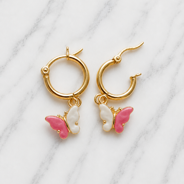 Argollas Dorada butterfly dúo fucsia - blanco